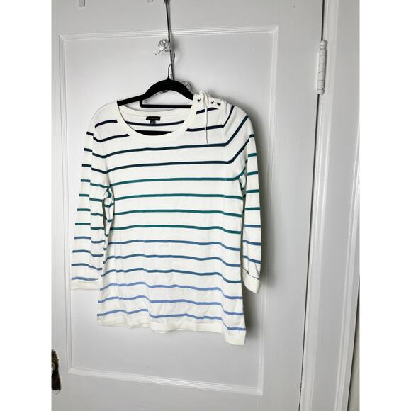 Talbots Women's White Blue Green Striped Preppy Nautical Sweater Size Medium - Picture 1 of 6